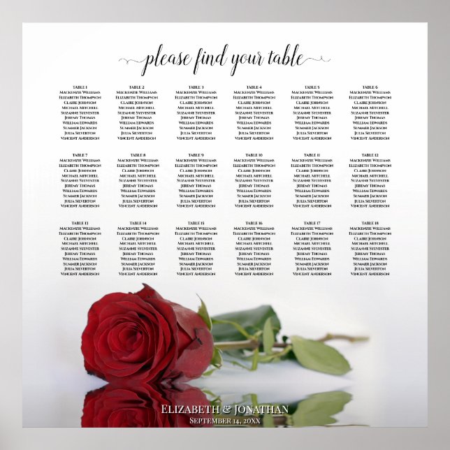 Elegant 18 Table Red Rose Wedding Seating Chart (Front)