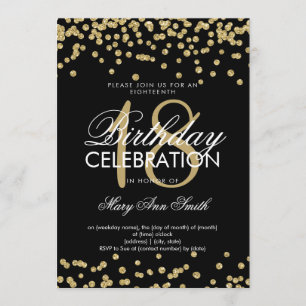Elegant 18th Birthday Gold Glitter Confetti Black Invitation