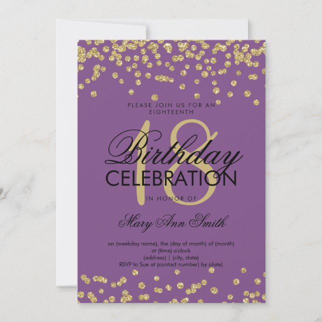 Elegant 18th Birthday Gold Glitter Confetti Purple Invitation (Front)