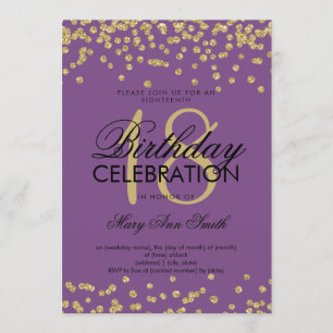 Elegant 18th Birthday Gold Glitter Confetti Purple Invitation