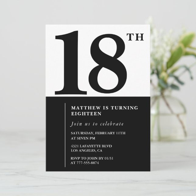 Elegant 18th birthday invitation Black Chic Modern (Standing Front)