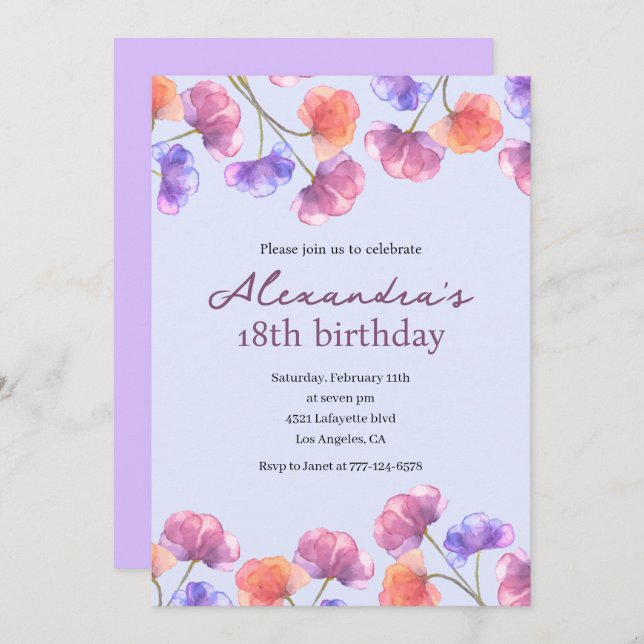 Elegant 18th birthday invitations Boho Floral Chic (Front/Back)