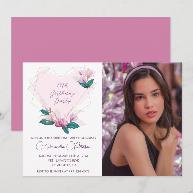 Elegant 18th birthday invitations Floral Photo (Front/Back)