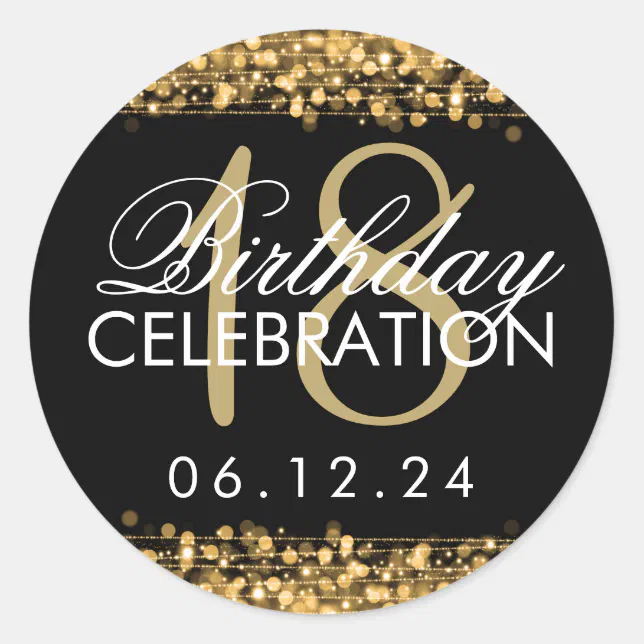 Elegant 18th Birthday Party Sparkles Gold Classic Round Sticker | Zazzle