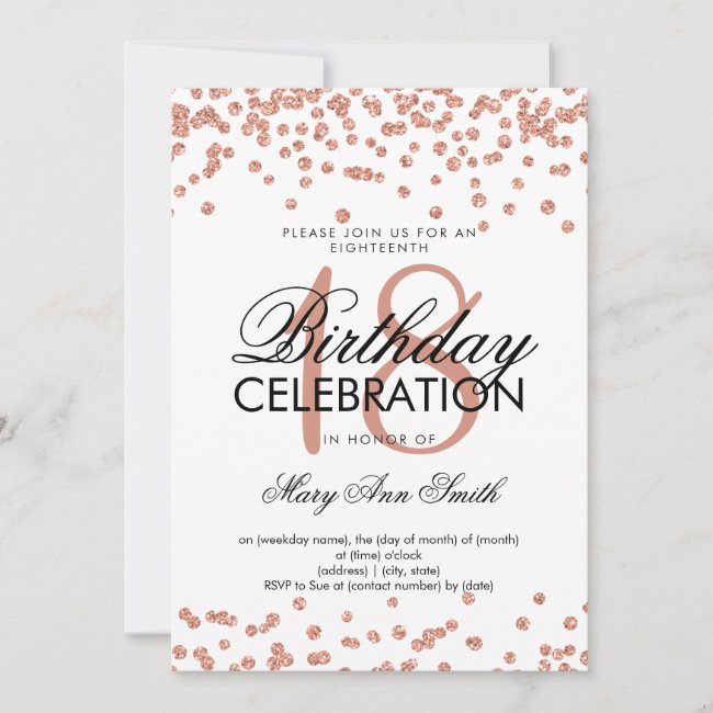 Elegant 18th Birthday Rose Gold Glitter Confetti Invitation