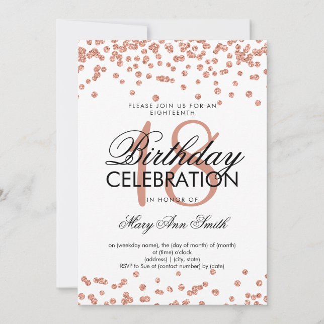 Elegant 18th Birthday Rose Gold Glitter Confetti Invitation (Front)