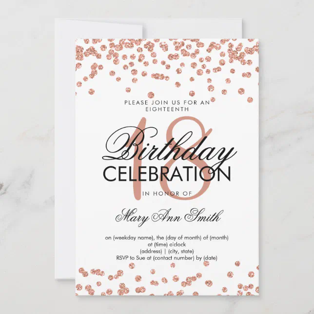 Elegant 18th Birthday Rose Gold Glitter Confetti Invitation | Zazzle