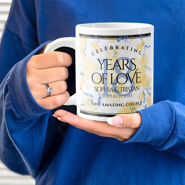 Elegant 18th Porcelain Wedding Anniversary Giant Coffee Mug (18th wedding anniversary jumbo mug held by woman sporting a wedding ring and blue sweatshirt.)