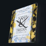 Elegant 18th Porcelain Wedding Anniversary Square Wall Clock<br><div class="desc">Celebrate the 18th wedding anniversary with this commemorative clock! Elegant black serif lettering with gold-dusted hexagonal confetti on a white and porcelain blue marbled background edged by black bars add a memorable touch for this special occasion and milestone. Customize with the happy couple's names, and add dates for their porcelain...</div>