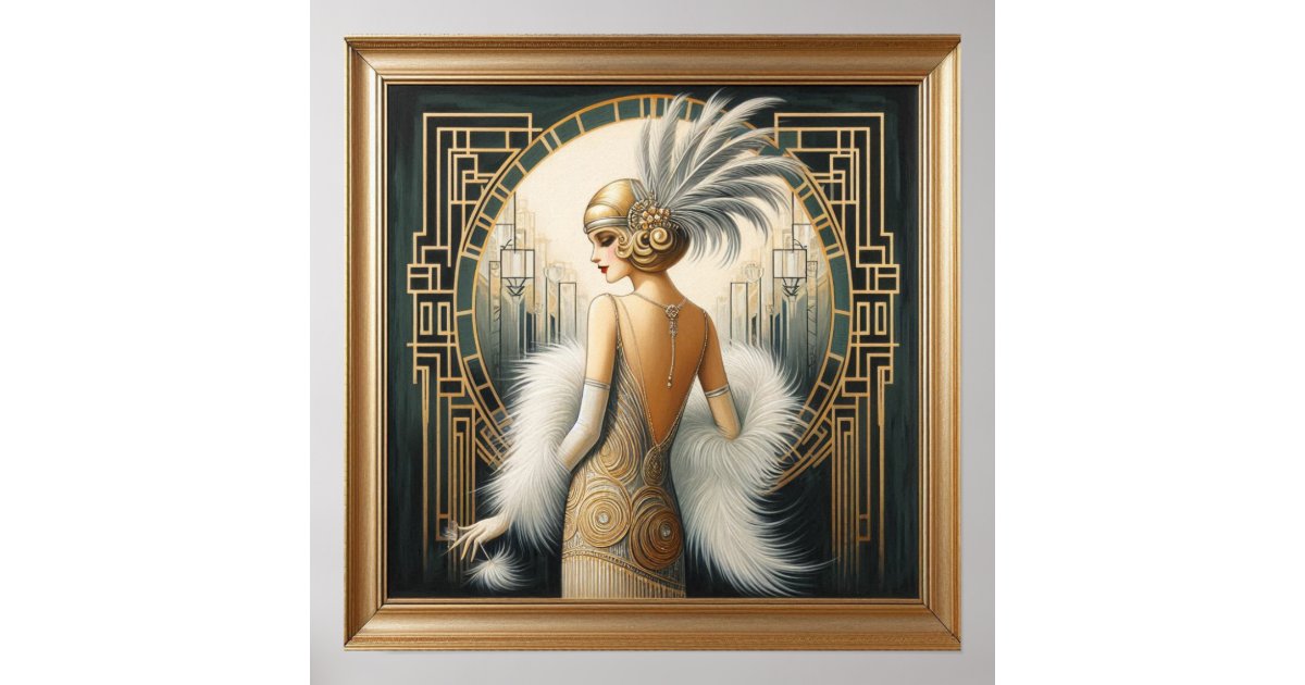 Elegant 1920s Art Deco Flapper Lady, Printed Frame Poster | Zazzle