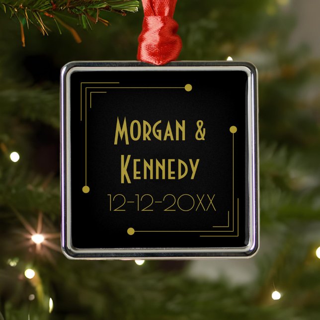Elegant 1920s Art Deco Wedding Anniversary Metal Ornament (Add your name and wedding date to this Art Deco inspired metal ornament)