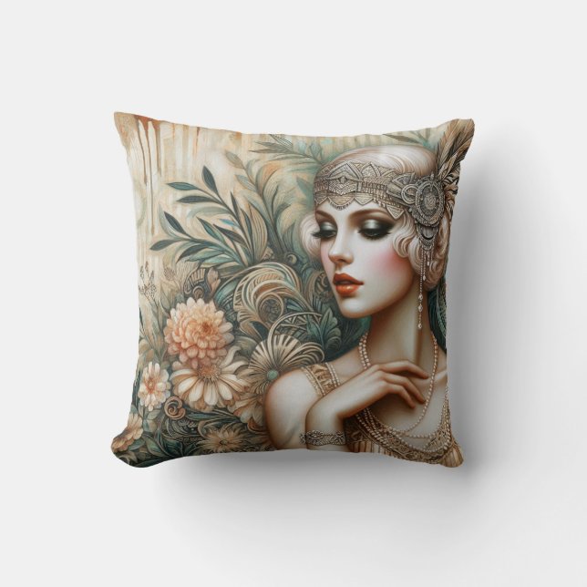 Elegant 1920s Flapper Lady from the Roaring 20s Throw Pillow (Front)