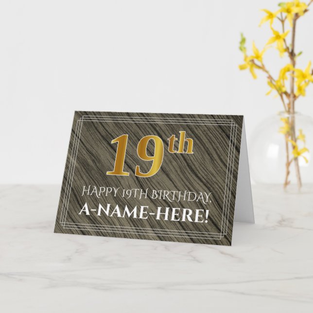 Elegant 19th Birthday: Faux Wood, Faux Gold Look Card (Yellow Flower)