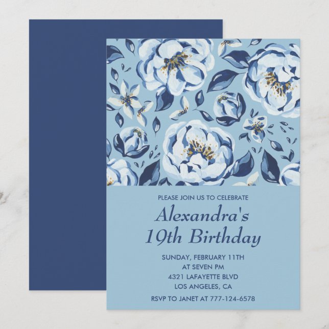 Elegant 19th birthday invitations Floral Blue (Front/Back)