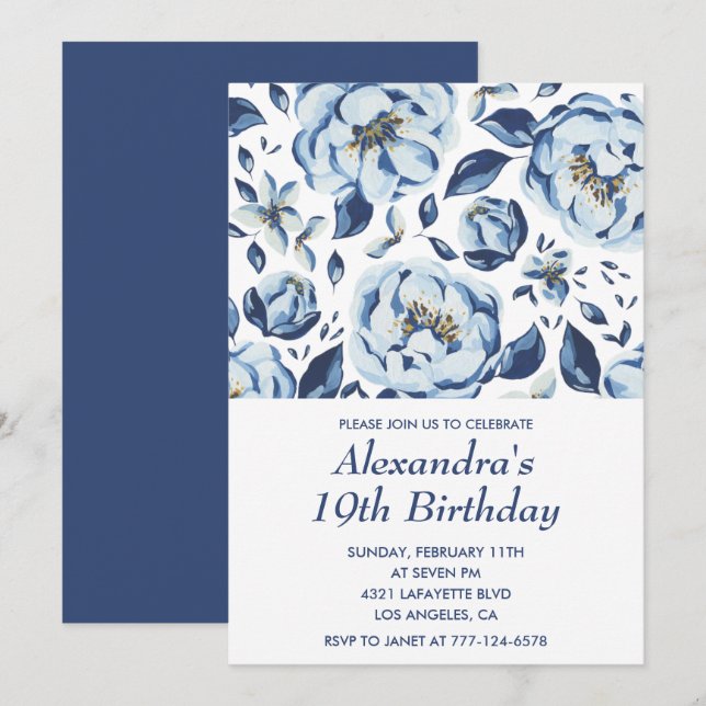 Elegant 19th birthday invitations Floral Vintage (Front/Back)