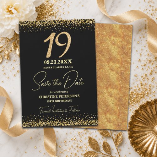 Elegant 19th Black Gold Glitter Birthday Save The Date