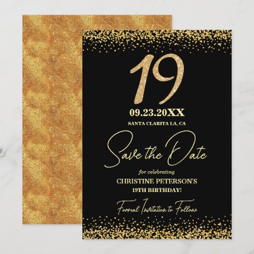 Elegant 19th Black Gold Glitter Birthday Save The Date