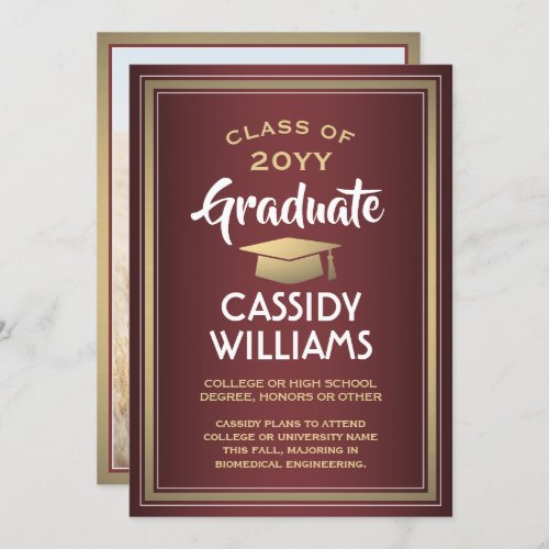 Elegant 1 Photo Burgundy Gold and White Graduation Announcement