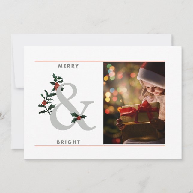 Elegant 1 Photo Merry & Bright Christmas  Holiday Card (Front)