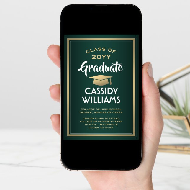 Elegant 1 Photo Modern Green Gold White Graduation Announcement (Front Digital)