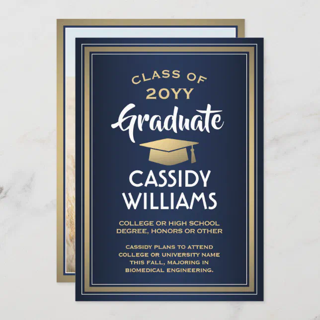 Elegant 1 Photo Simple Navy Gold White Graduation Announcement | Zazzle