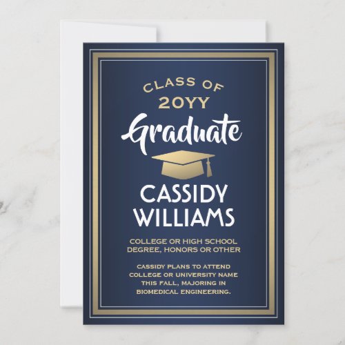 Elegant 1 Photo Simple Navy Gold White Graduation Announcement