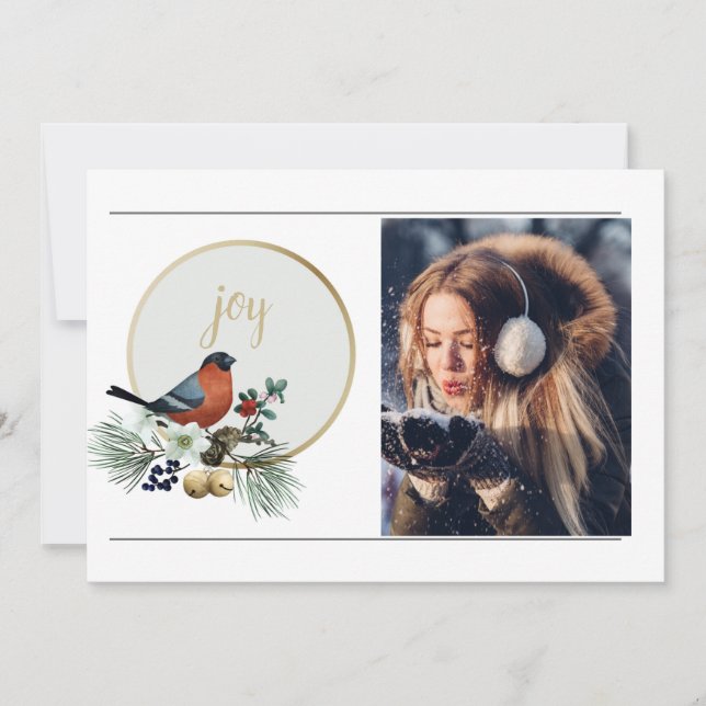 Elegant 1 Photo Winter Robin, JOY Christmas  Holiday Card (Front)