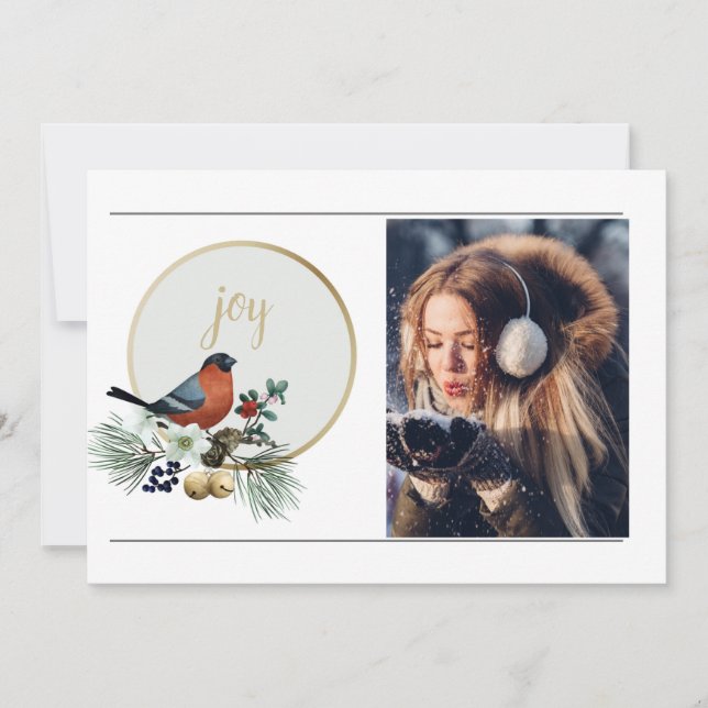 Elegant 1 Photo Winter Robin, JOY Christmas  Holiday Card (Front)