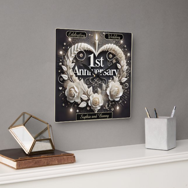 Elegant 1st Anniversary Paper Heart Square Wall Clock (Office)