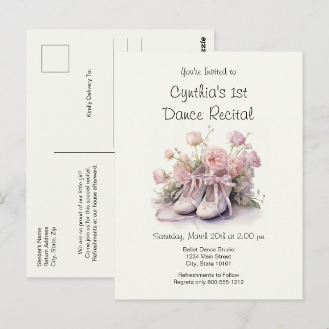 Elegant 1st Ballet Dance Recital Invitation Postcard (Front/Back)