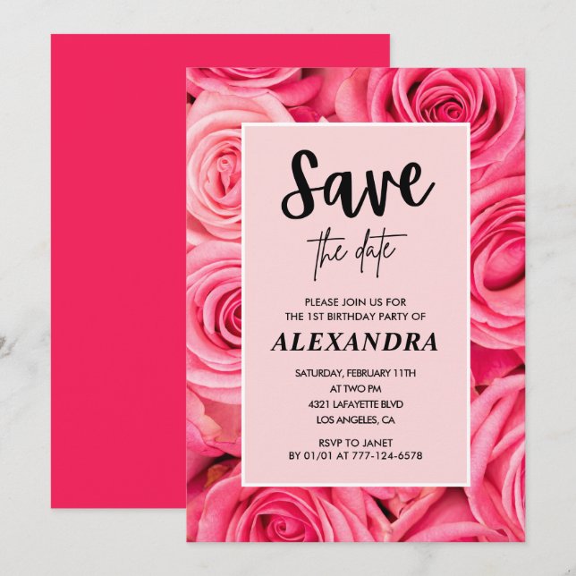 Elegant 1st birthday  Floral Rose Save the date  Invitation (Front/Back)