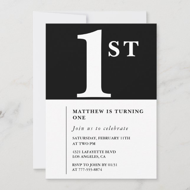 Elegant 1st birthday invitation Black White Chic (Front)