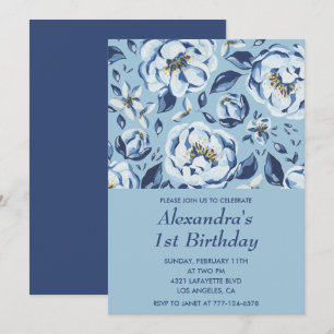 Elegant 1st birthday invitations Floral Blue