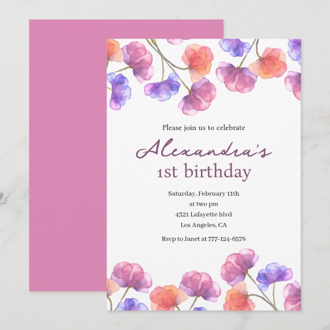 Elegant 1st birthday invitations Floral Chic (Front/Back)