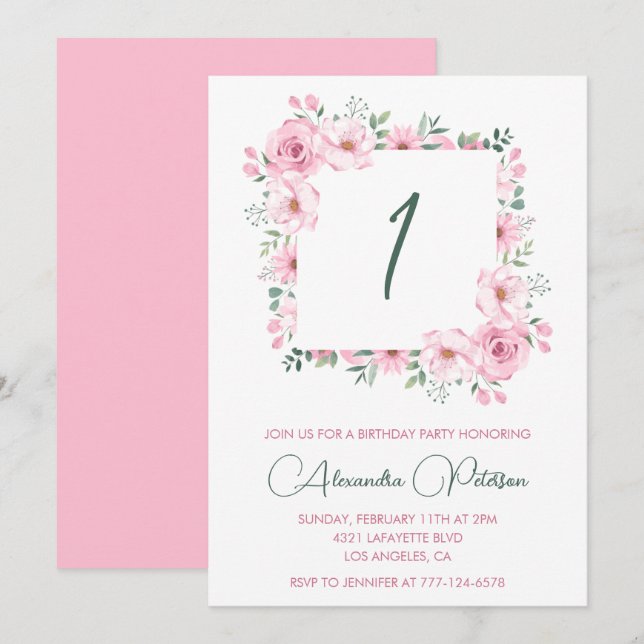 Elegant 1st birthday invitations Floral  Pink (Front/Back)