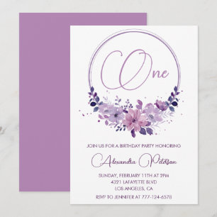 Elegant 1st birthday invitations Floral Purple