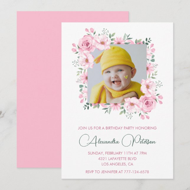 Elegant 1st birthday invitations Photo Boho  (Front/Back)