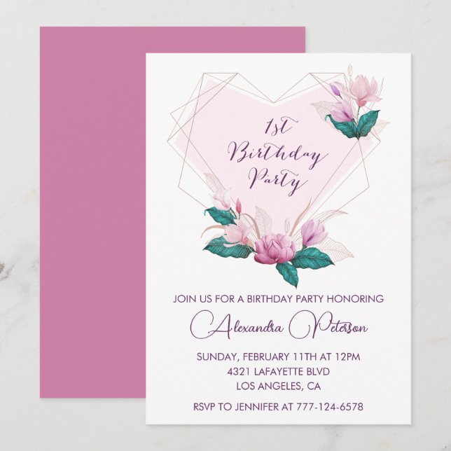 Elegant 1st birthday invitations Pink flowers  (Front/Back)