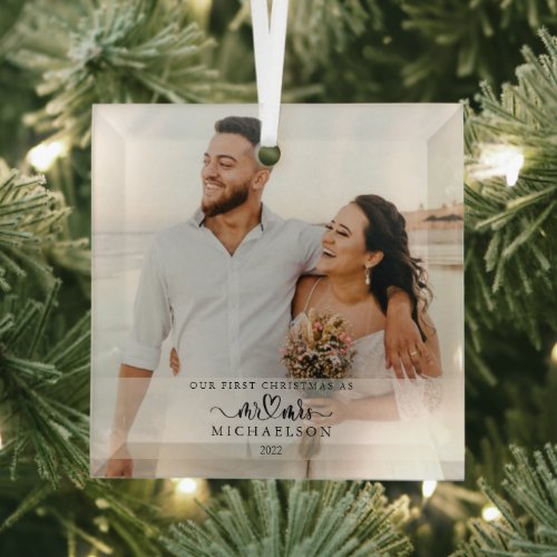 Elegant 1st Christmas Married As Mr and Mrs Photo  Glass Ornament