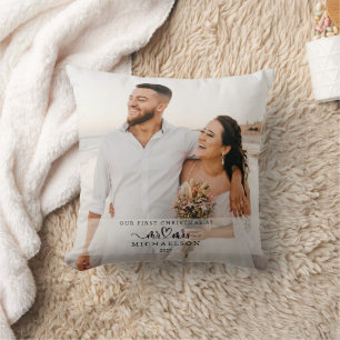Elegant 1st Christmas Married As Mr and Mrs Photo Throw Pillow