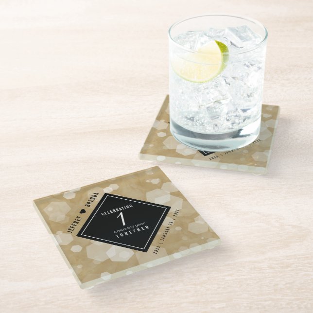 Elegant 1st Paper Wedding Anniversary Celebration Glass Coaster (Angled)