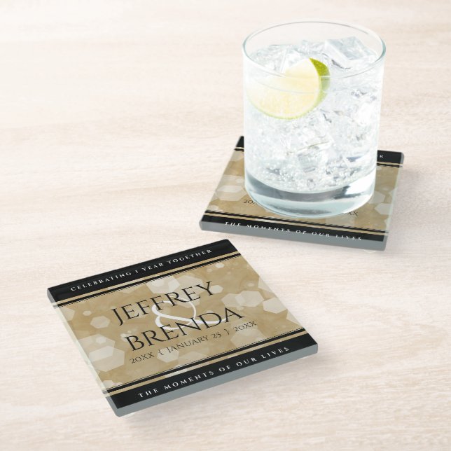 Elegant 1st Paper Wedding Anniversary Celebration Glass Coaster (Angled)