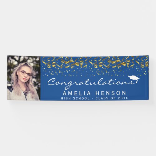 Elegant 2022 Blue Gold Confetti Graduate Photo  Banner