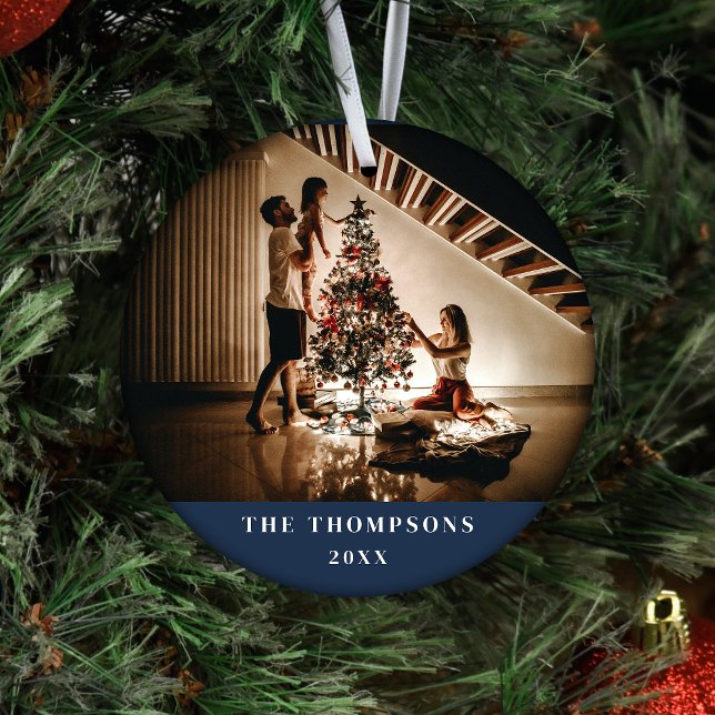 Elegant 2023 Family Photo Minimalist Navy Blue Ceramic Ornament (Creator Uploaded)