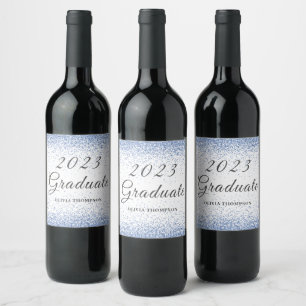 Elegant 2023 Graduation Blue Glitter Wine Label