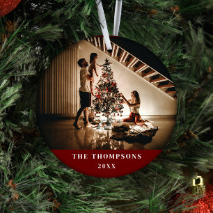 Elegant 2024 Family Photo Minimalist Dark Red Ceramic Ornament