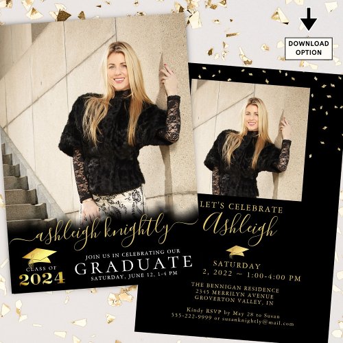 Elegant 2024 Faux Metallic Gold Script 2 Photos Invitation