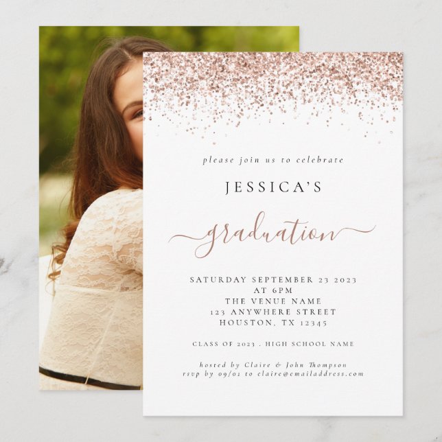 Elegant 2024 Graduation Photo Rose Gold Glitter Invitation (Front/Back)