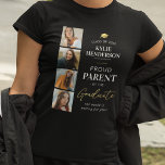 Elegant 2024 Graduation Photo T-Shirt<br><div class="desc">Graduation tribute t-shirt featuring a 4 photo collage of the grad, their name, class year, a faux gold foil mortarboard cap, the saying "proud parent of the graduate", the school/college they attended, and the caption "the world is waiting for you". Photo tip: Crop your photos into squares before uploading ensuring...</div>