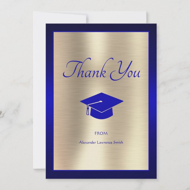 Elegant 2024 Graduation Thank You Script Blue Gold Card (Front)